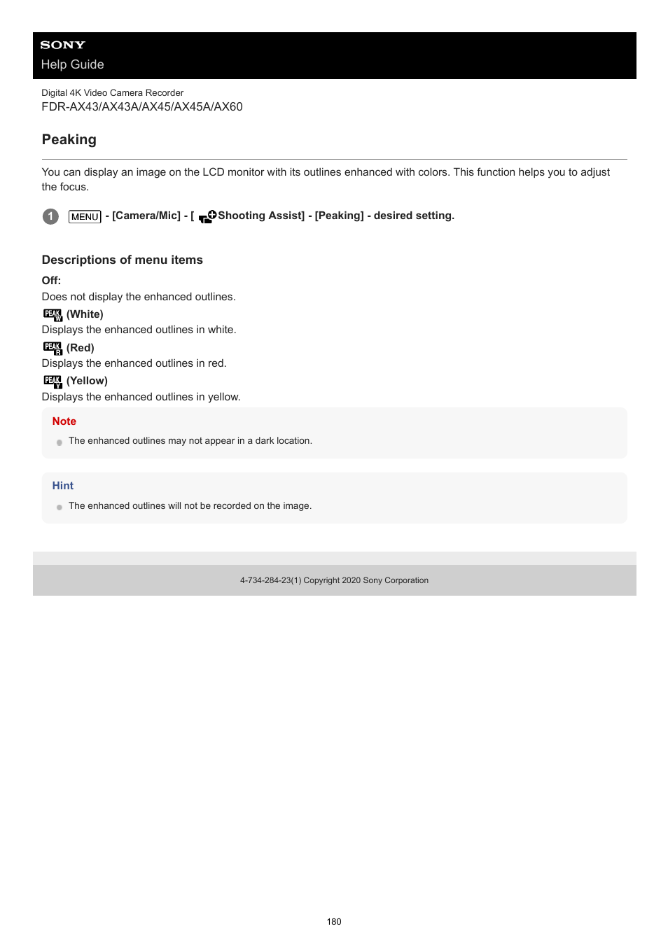 Peaking | Sony BRAVIA BZ40J 100" Class 4K UHD HDR Commercial Monitor User Manual | Page 180 / 353