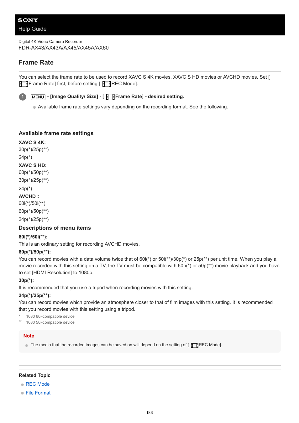 Frame rate | Sony BRAVIA BZ40J 100" Class 4K UHD HDR Commercial Monitor User Manual | Page 183 / 353