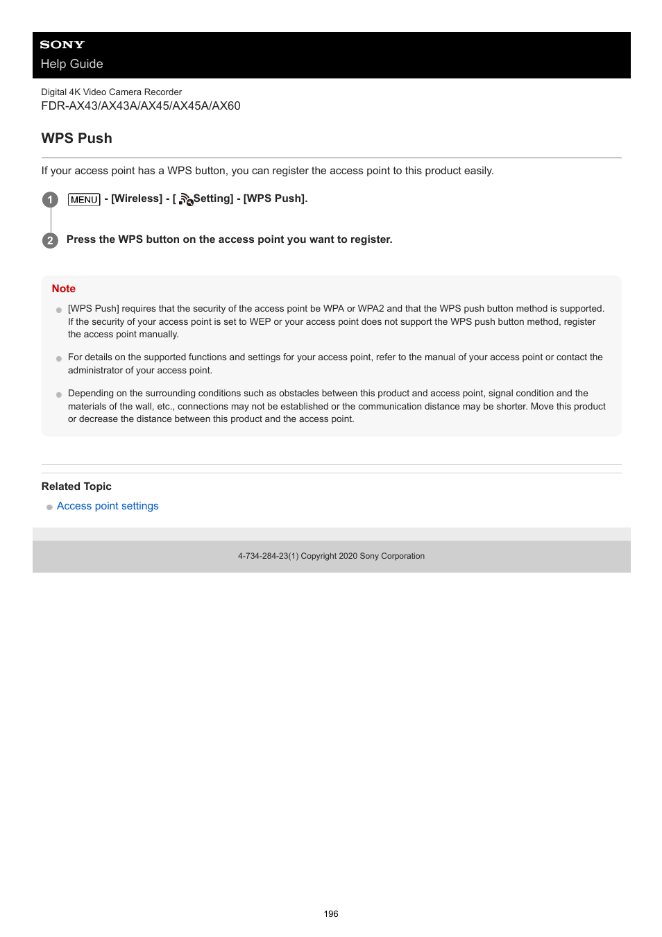 Wps push | Sony BRAVIA BZ40J 100" Class 4K UHD HDR Commercial Monitor User Manual | Page 196 / 353