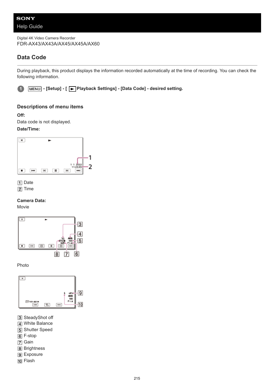 Data code | Sony BRAVIA BZ40J 100" Class 4K UHD HDR Commercial Monitor User Manual | Page 215 / 353