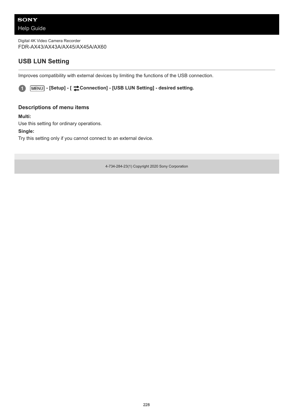 Usb lun setting | Sony BRAVIA BZ40J 100" Class 4K UHD HDR Commercial Monitor User Manual | Page 228 / 353