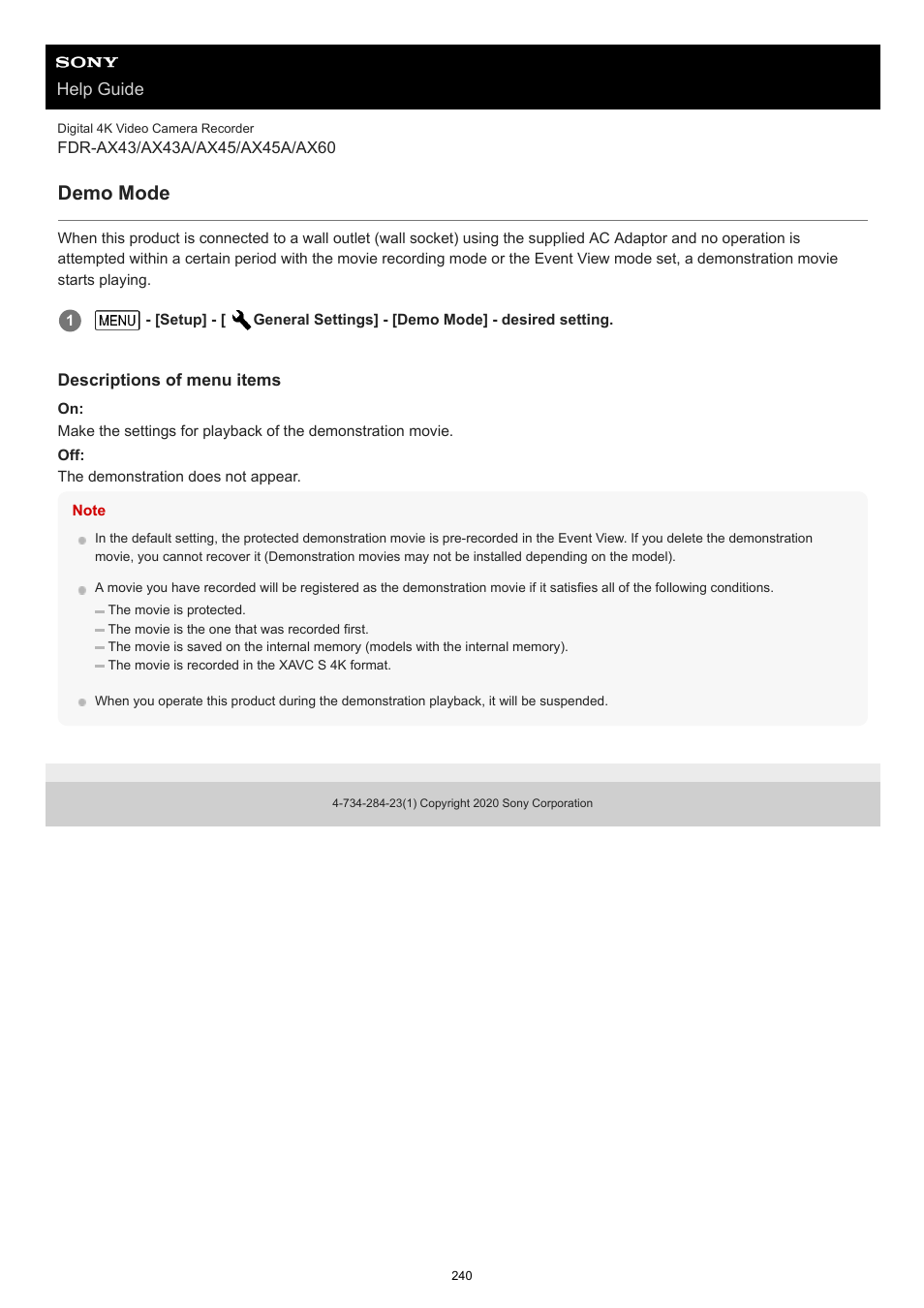 Demo mode | Sony BRAVIA BZ40J 100" Class 4K UHD HDR Commercial Monitor User Manual | Page 240 / 353