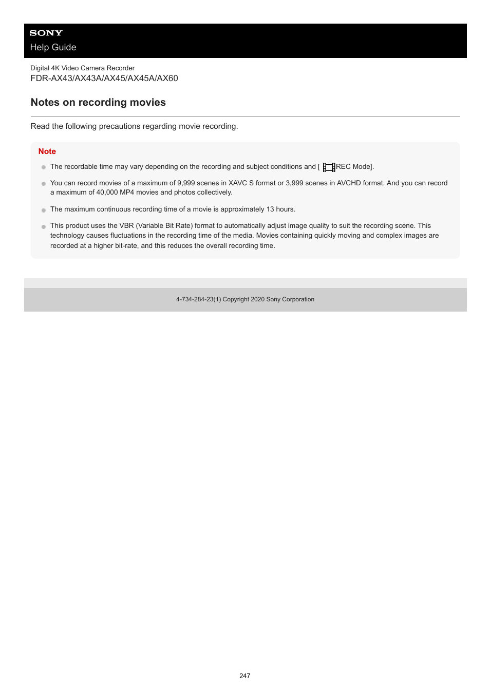 Notes on recording movies, Help guide | Sony BRAVIA BZ40J 100" Class 4K UHD HDR Commercial Monitor User Manual | Page 247 / 353