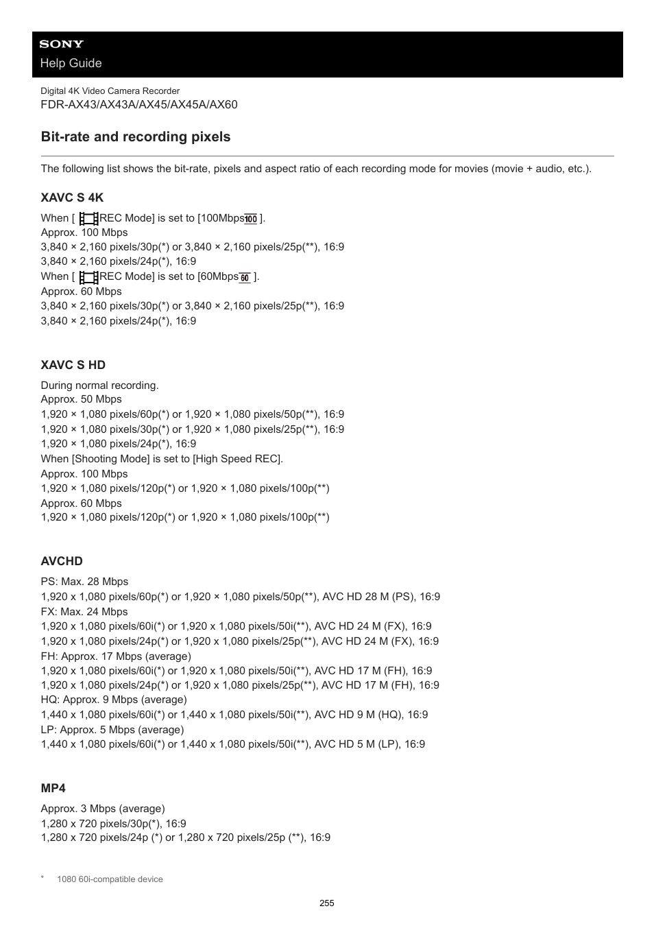 Bit-rate and recording pixels | Sony BRAVIA BZ40J 100" Class 4K UHD HDR Commercial Monitor User Manual | Page 255 / 353