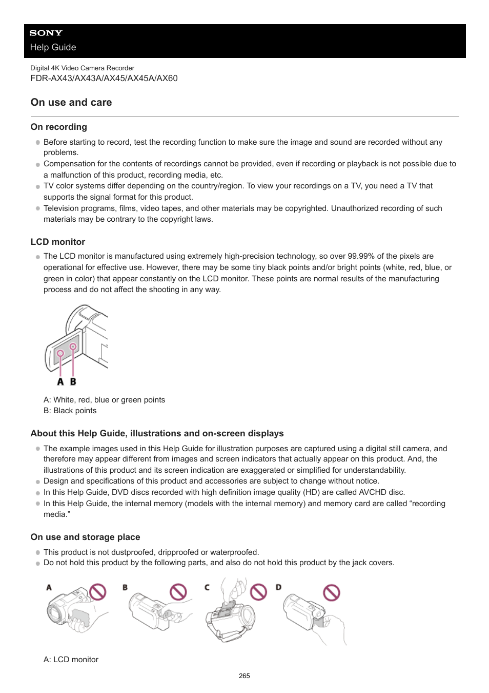 On use and care | Sony BRAVIA BZ40J 100" Class 4K UHD HDR Commercial Monitor User Manual | Page 265 / 353