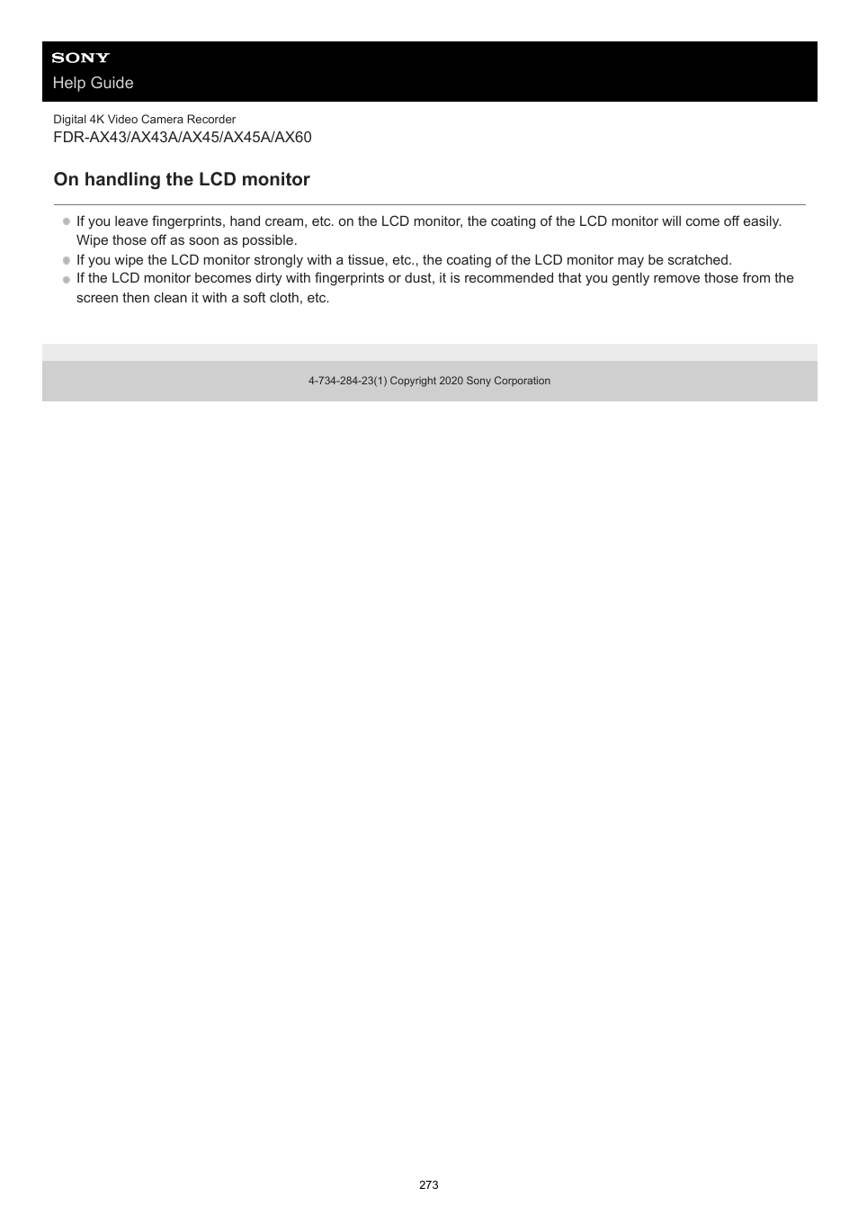 On handling the lcd monitor | Sony BRAVIA BZ40J 100" Class 4K UHD HDR Commercial Monitor User Manual | Page 273 / 353