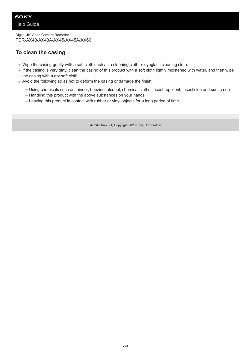 To clean the casing | Sony BRAVIA BZ40J 100" Class 4K UHD HDR Commercial Monitor User Manual | Page 274 / 353