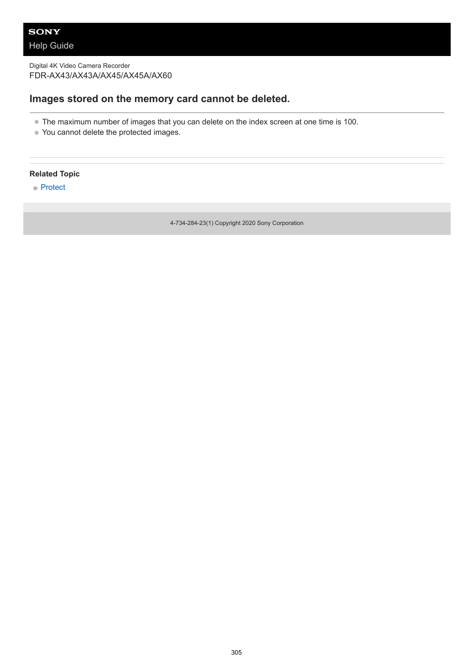 Images stored on the memory card cannot be deleted | Sony BRAVIA BZ40J 100" Class 4K UHD HDR Commercial Monitor User Manual | Page 305 / 353