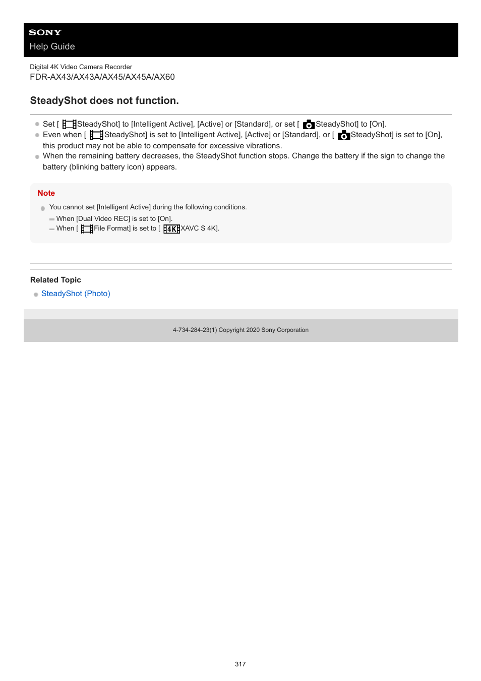 Steadyshot does not function | Sony BRAVIA BZ40J 100" Class 4K UHD HDR Commercial Monitor User Manual | Page 317 / 353