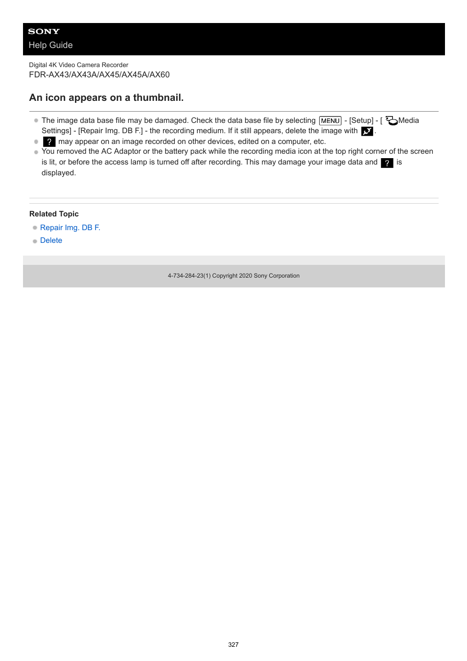 An icon appears on a thumbnail | Sony BRAVIA BZ40J 100" Class 4K UHD HDR Commercial Monitor User Manual | Page 327 / 353