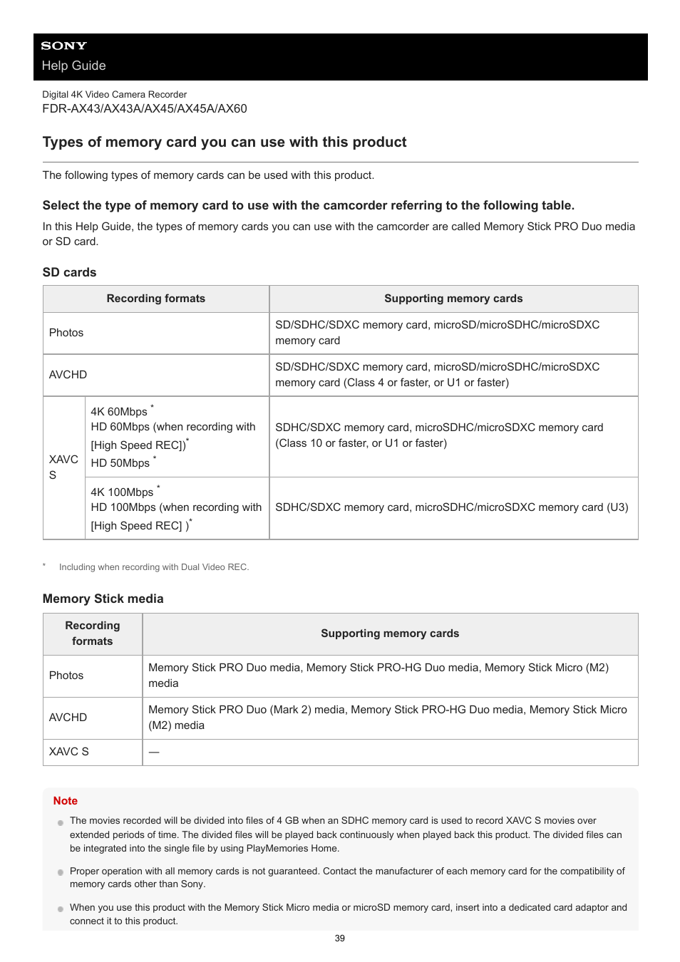 Types of memory card you can use with this product | Sony BRAVIA BZ40J 100" Class 4K UHD HDR Commercial Monitor User Manual | Page 39 / 353