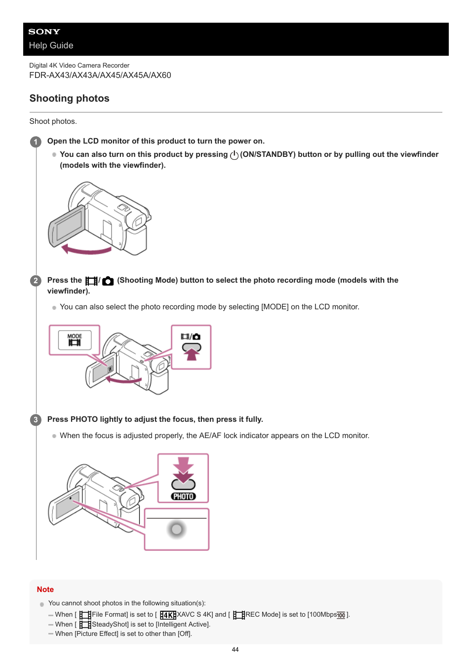Shooting photos | Sony BRAVIA BZ40J 100" Class 4K UHD HDR Commercial Monitor User Manual | Page 44 / 353