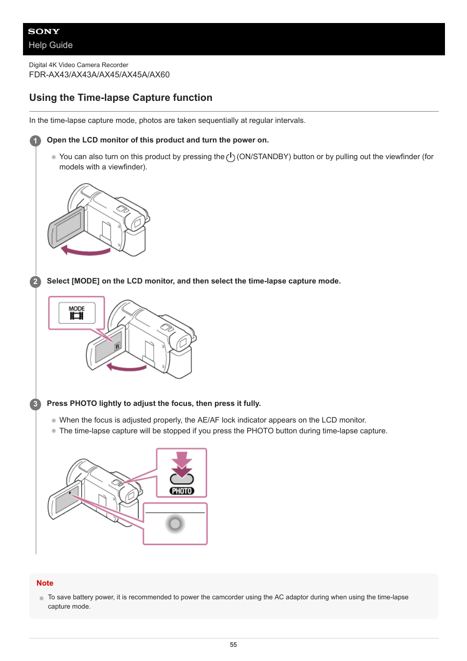 Using the time-lapse capture function | Sony BRAVIA BZ40J 100" Class 4K UHD HDR Commercial Monitor User Manual | Page 55 / 353