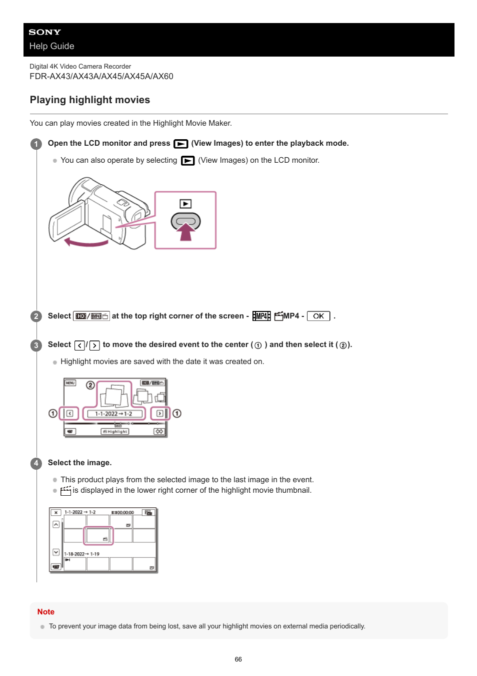 Playing highlight movies | Sony BRAVIA BZ40J 100" Class 4K UHD HDR Commercial Monitor User Manual | Page 66 / 353