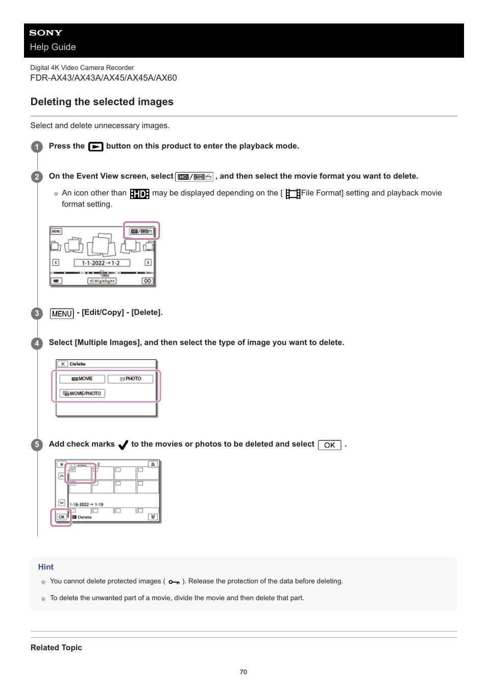 Deleting the selected images | Sony BRAVIA BZ40J 100" Class 4K UHD HDR Commercial Monitor User Manual | Page 70 / 353