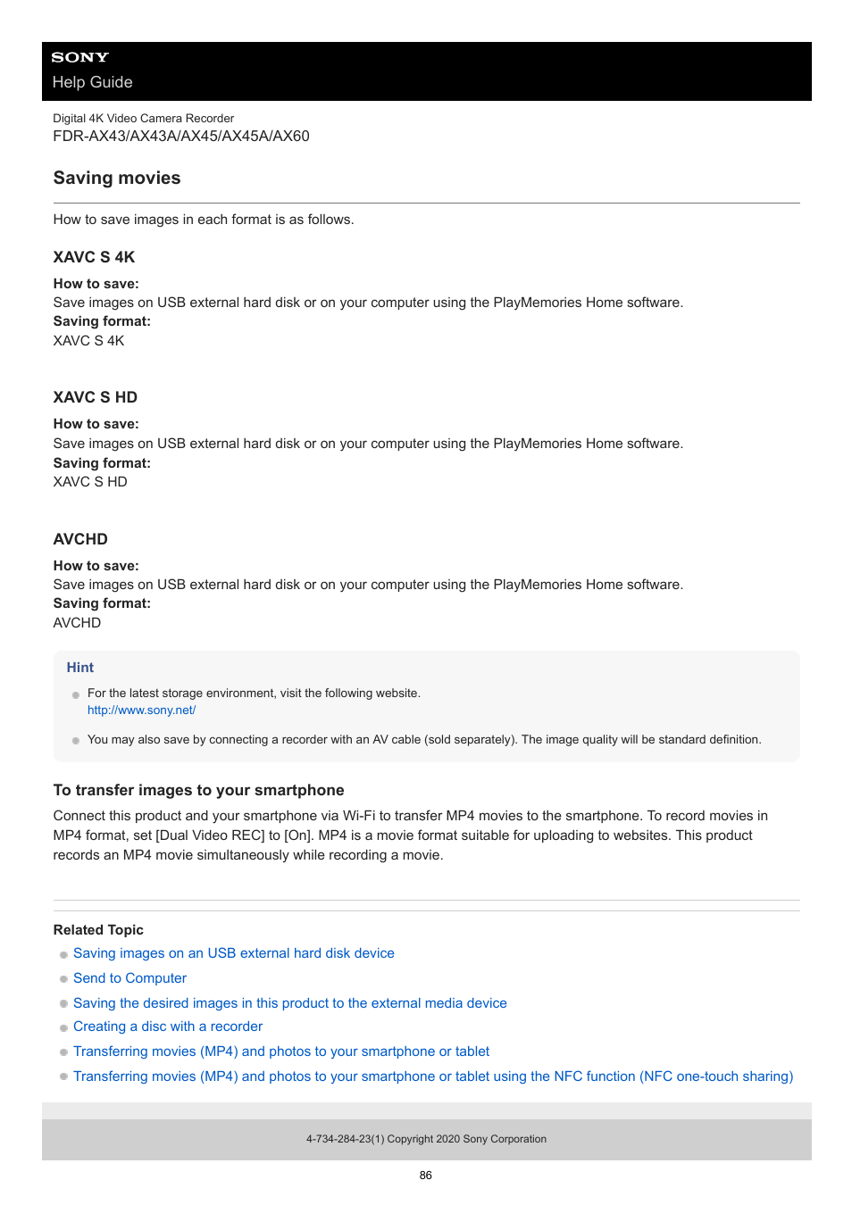 Saving movies | Sony BRAVIA BZ40J 100" Class 4K UHD HDR Commercial Monitor User Manual | Page 86 / 353