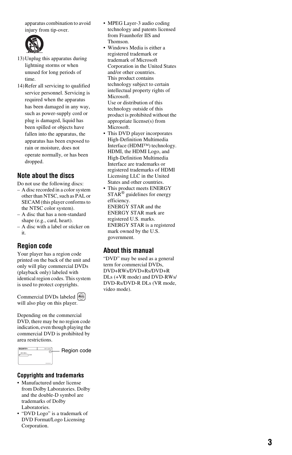 Region code, About this manual, Copyrights and trademarks | Sony a1 Mirrorless Camera with 16-35mm f/2.8 Lens and Vertical Grip Kit User Manual | Page 3 / 12