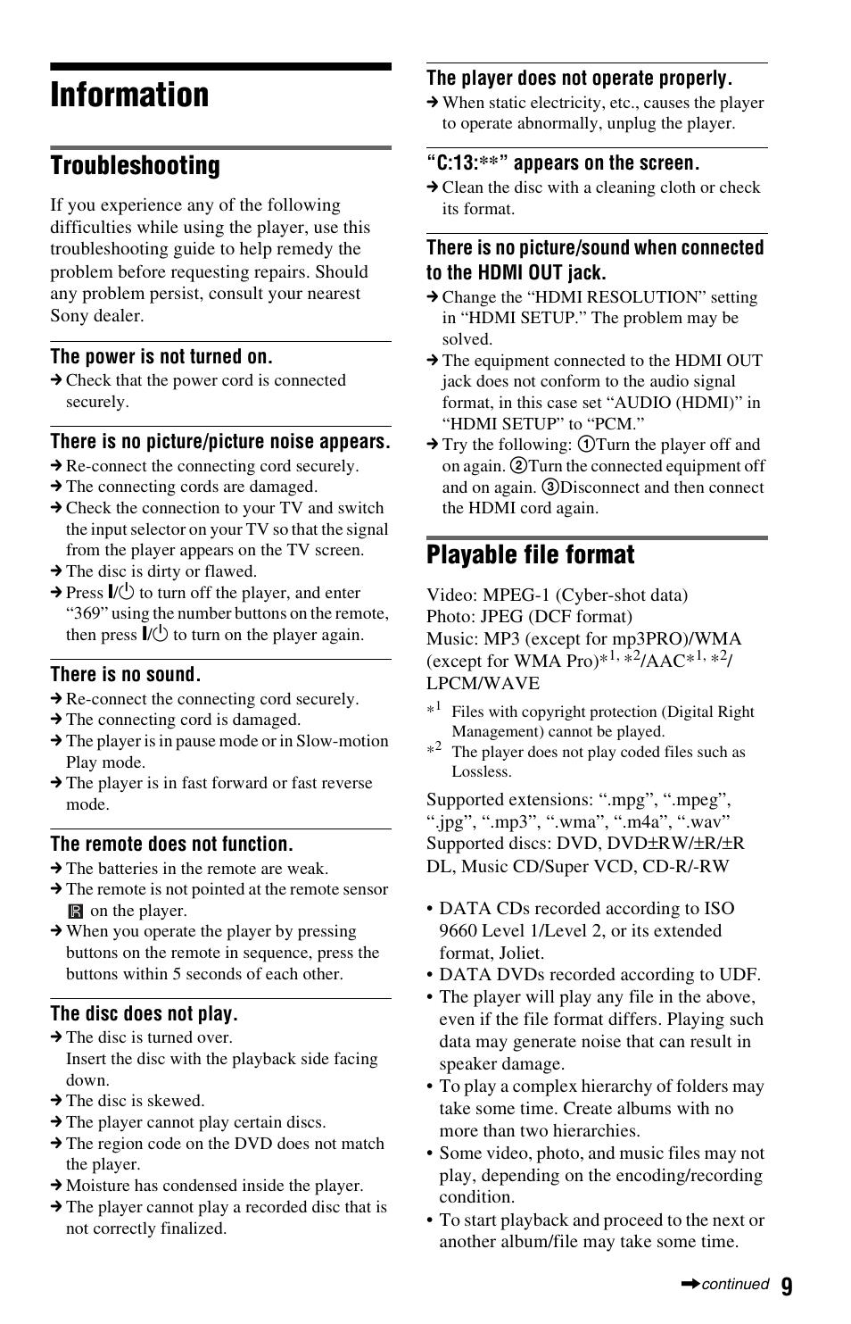 Information, Troubleshooting, Playable file format | Sony a1 Mirrorless Camera with 16-35mm f/2.8 Lens and Vertical Grip Kit User Manual | Page 9 / 12