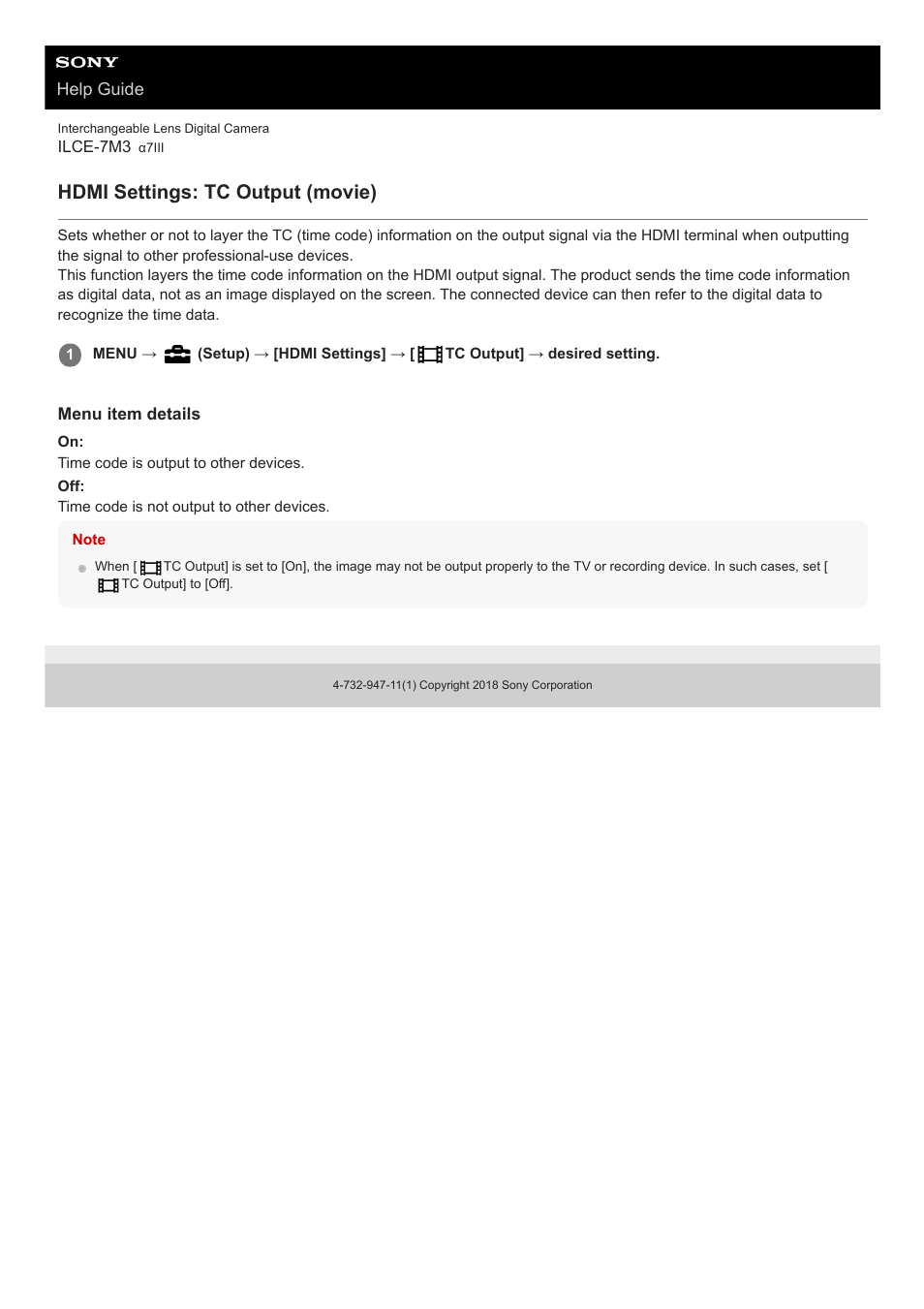 Hdmi settings: tc output (movie) | Sony a7C Mirrorless Camera (Black) User Manual | Page 319 / 642
