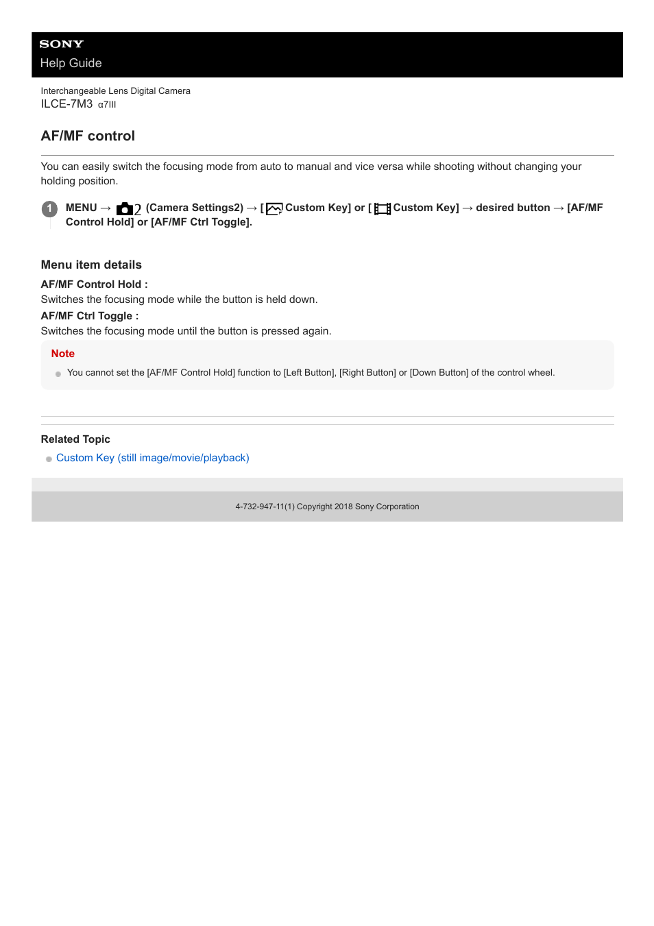 Af/mf control | Sony a7C Mirrorless Camera (Black) User Manual | Page 86 / 642