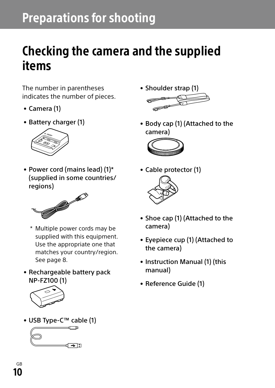 Preparations for shooting, Checking the camera and the supplied items | Sony a7R IIIA Mirrorless Camera User Manual | Page 10 / 104