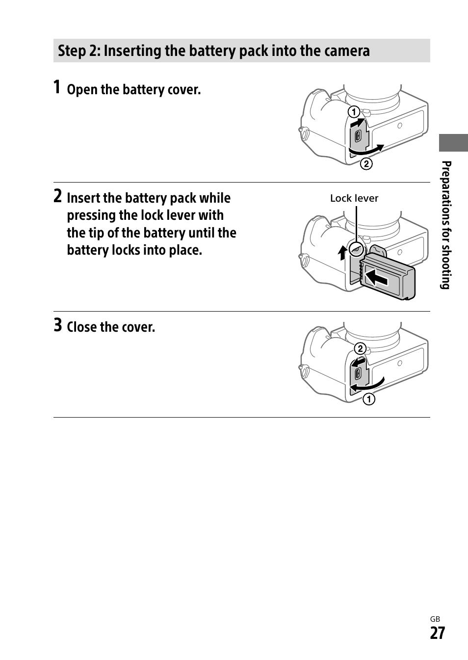 Step 2: inserting the battery pack into the camera | Sony a7R IIIA Mirrorless Camera User Manual | Page 27 / 104