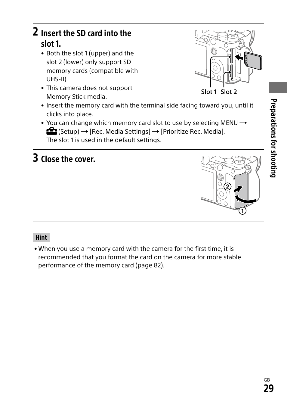 Insert the sd card into the slot 1, Close the cover | Sony a7R IIIA Mirrorless Camera User Manual | Page 29 / 104