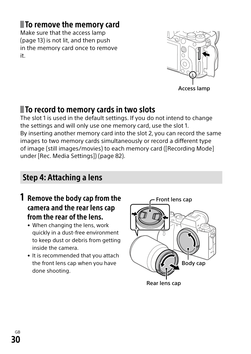 Step 4: attaching a lens | Sony a7R IIIA Mirrorless Camera User Manual | Page 30 / 104