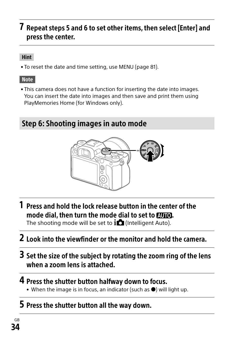 Step 6: shooting images in auto mode | Sony a7R IIIA Mirrorless Camera User Manual | Page 34 / 104