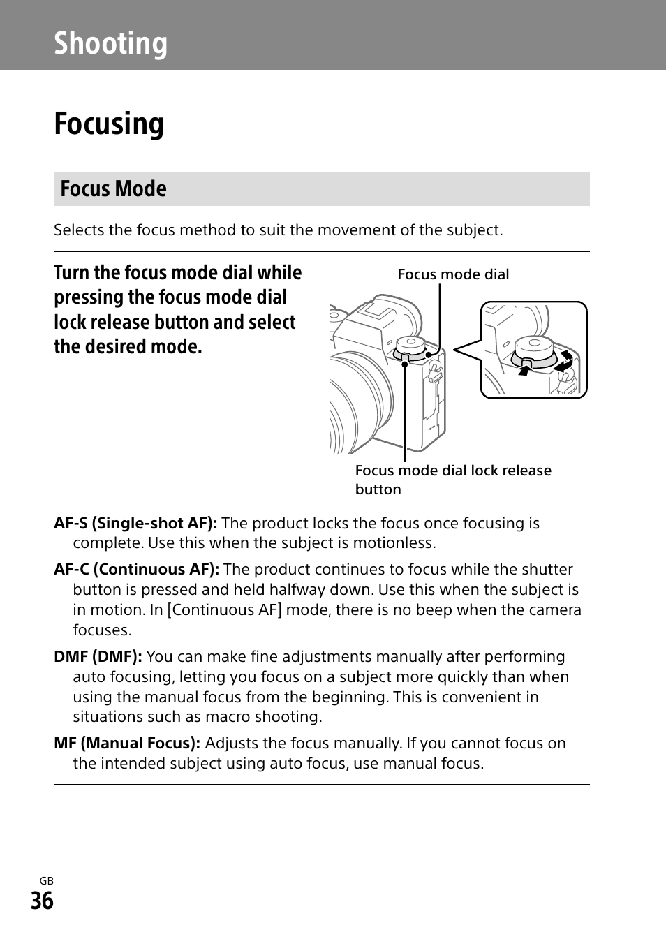 Shooting, Focusing, Focus mode | Ocus mode dial (36, Shooting focusing | Sony a7R IIIA Mirrorless Camera User Manual | Page 36 / 104