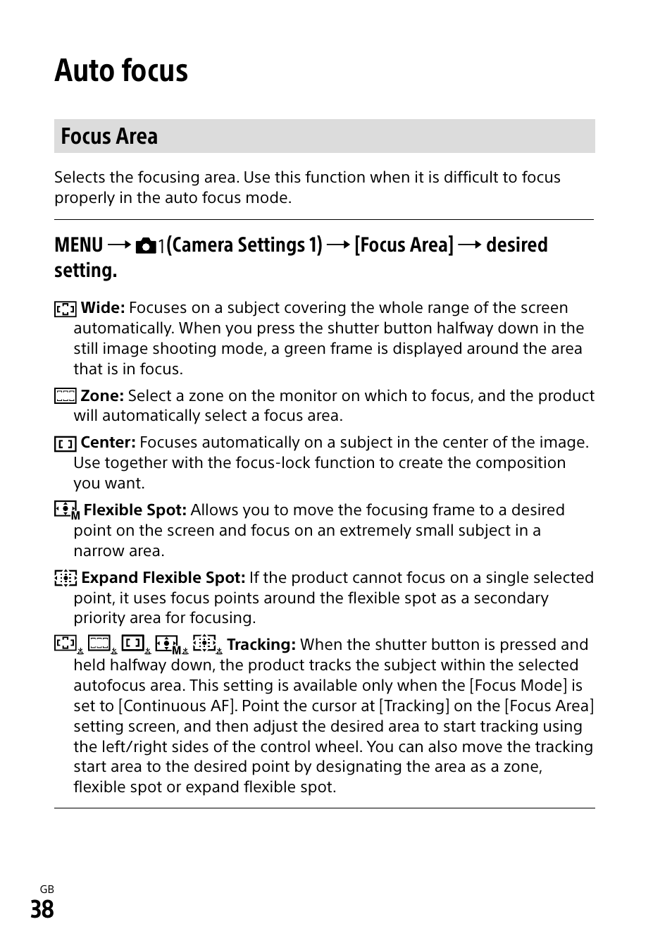 Auto focus, Focus area | Sony a7R IIIA Mirrorless Camera User Manual | Page 38 / 104