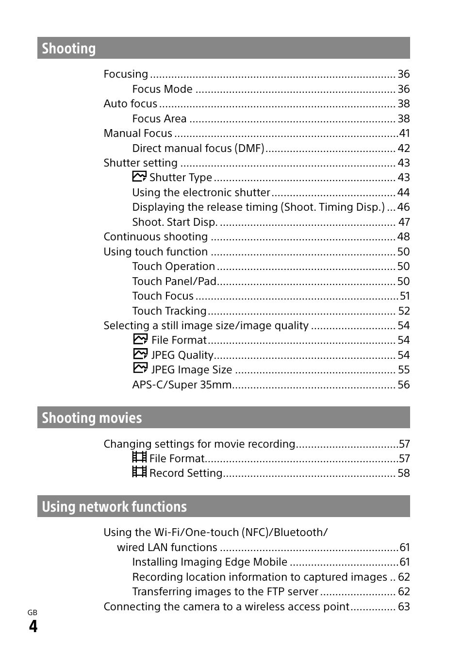 Shooting, Shooting movies, Using network functions | Sony a7R IIIA Mirrorless Camera User Manual | Page 4 / 104