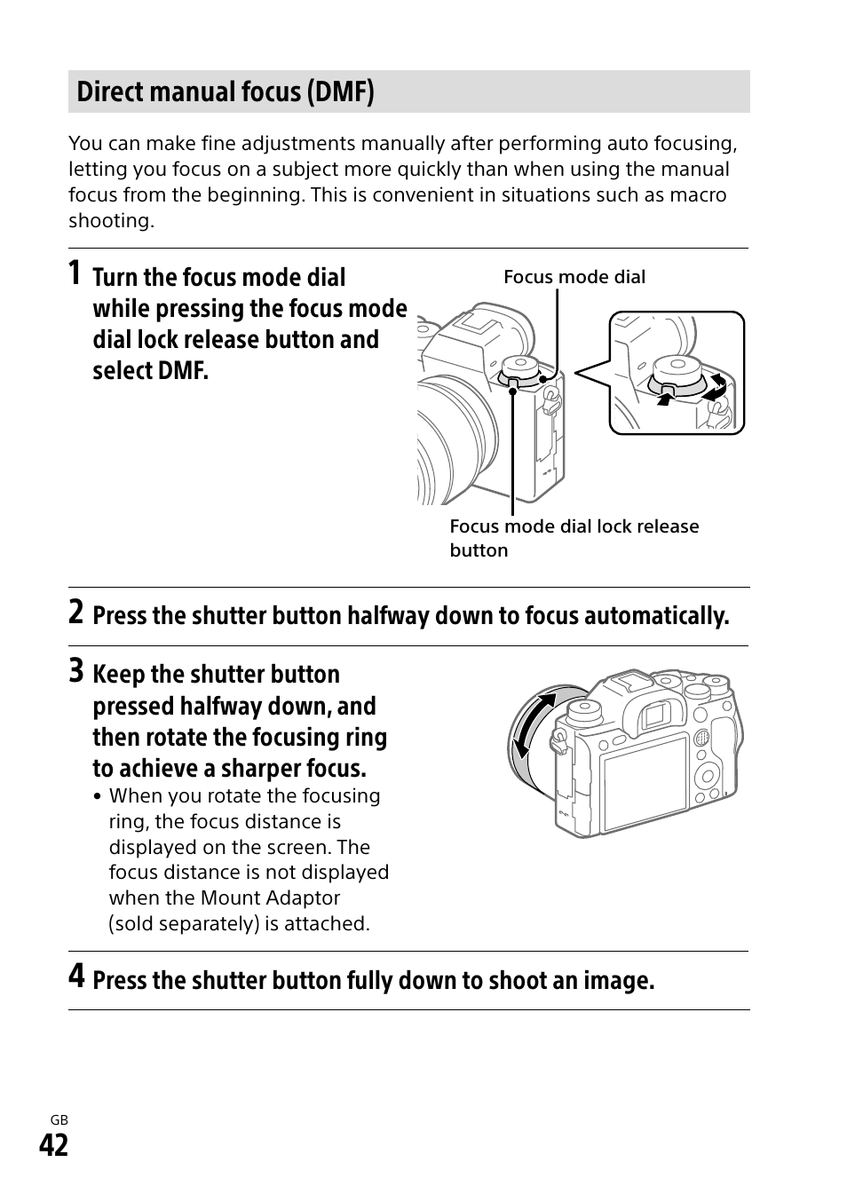 Direct manual focus (dmf) | Sony a7R IIIA Mirrorless Camera User Manual | Page 42 / 104