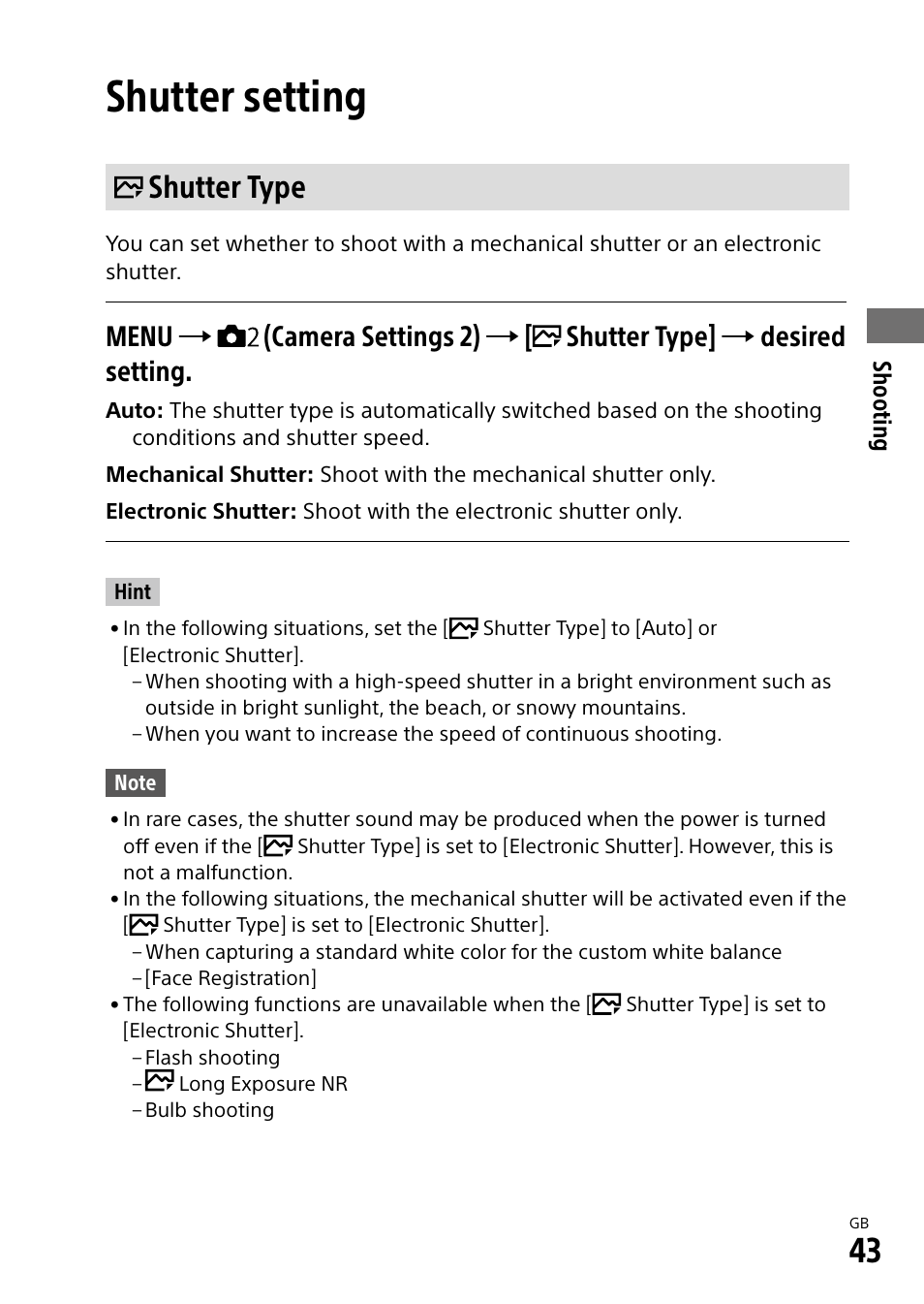 Shutter setting, Shutter type | Sony a7R IIIA Mirrorless Camera User Manual | Page 43 / 104