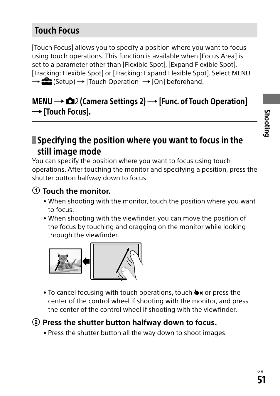 Touch focus | Sony a7R IIIA Mirrorless Camera User Manual | Page 51 / 104