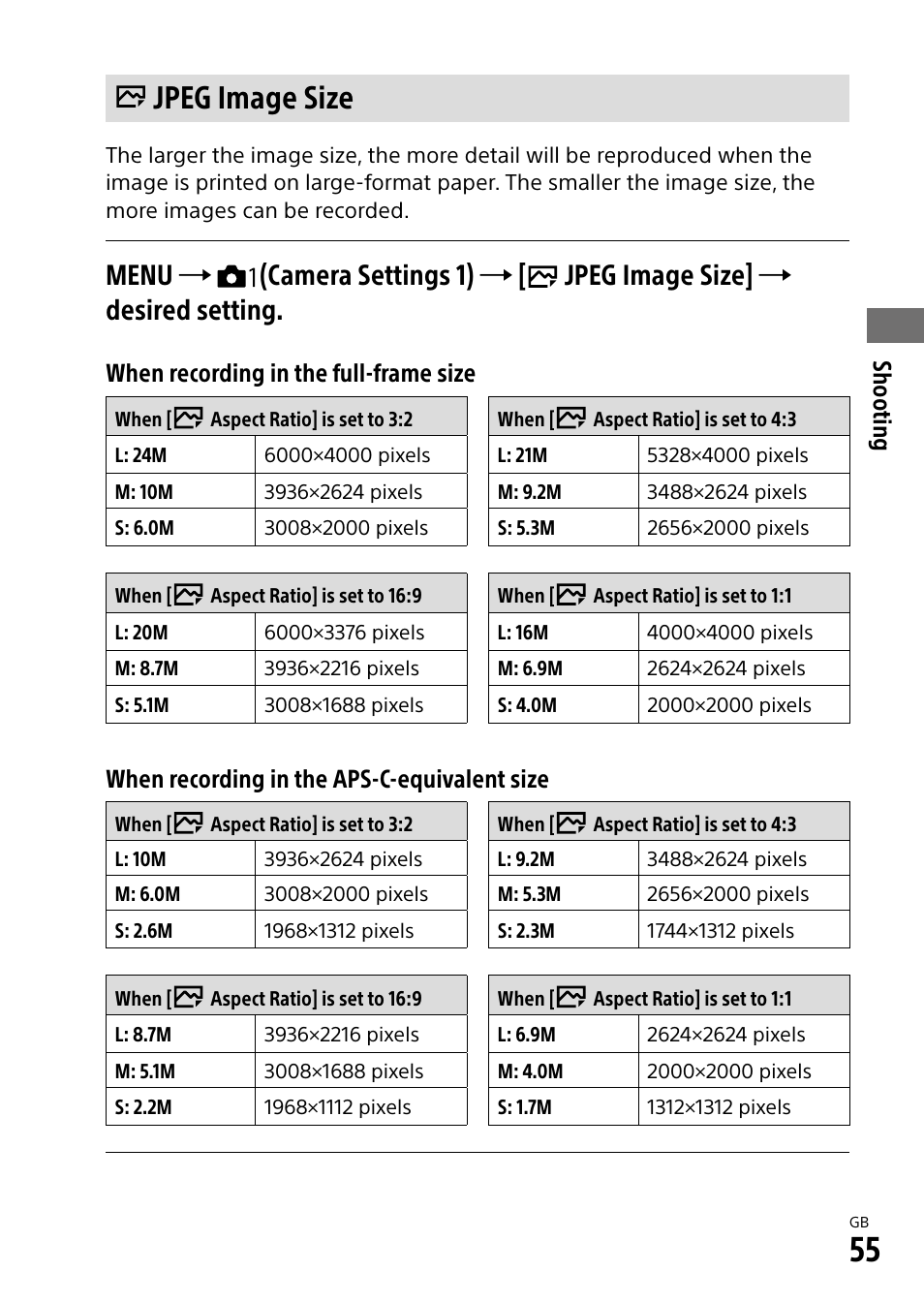 Jpeg image size | Sony a7R IIIA Mirrorless Camera User Manual | Page 55 / 104