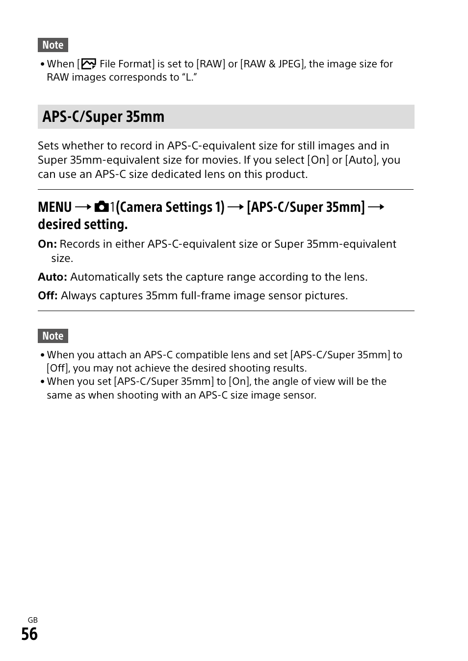 Aps-c/super 35mm | Sony a7R IIIA Mirrorless Camera User Manual | Page 56 / 104