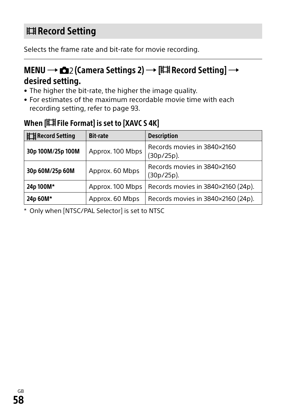 Record setting, Menu | Sony a7R IIIA Mirrorless Camera User Manual | Page 58 / 104