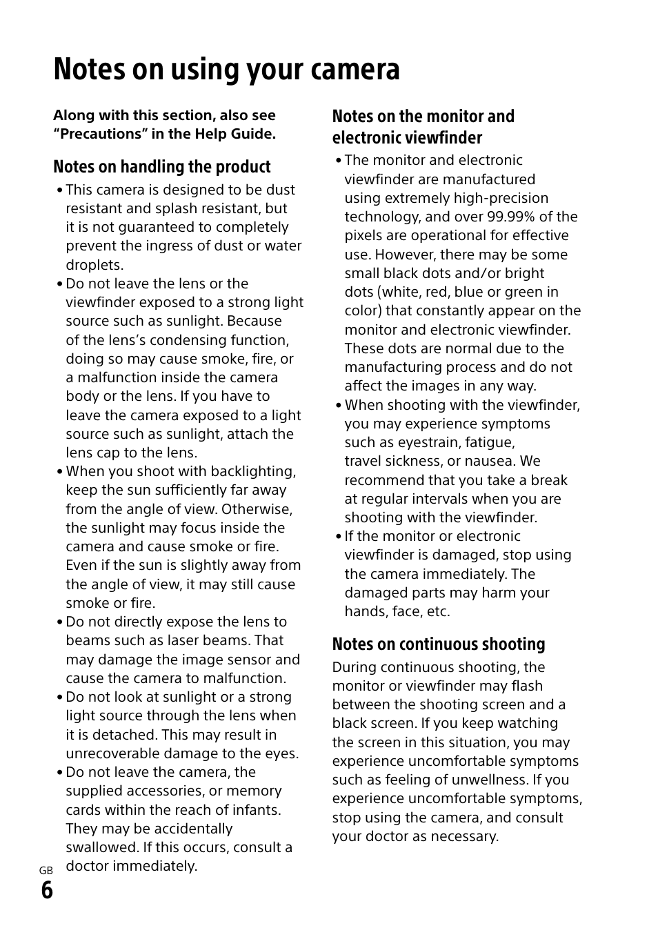 Notes on using your camera | Sony a7R IIIA Mirrorless Camera User Manual | Page 6 / 104