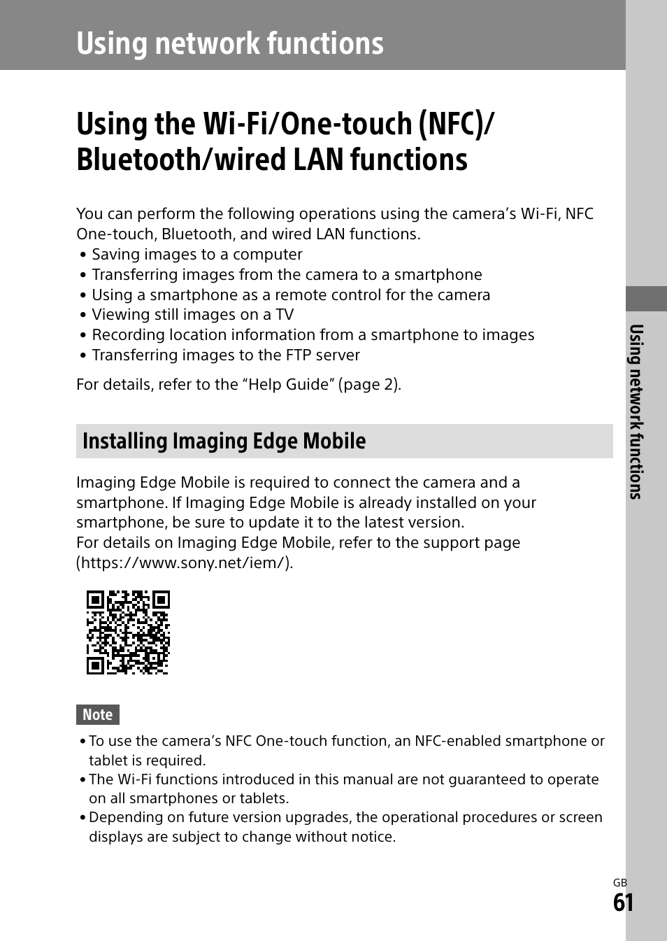 Using network functions, Installing imaging edge mobile, Using the wi-fi/one-touch (nfc)/bluetooth | Wired lan functions | Sony a7R IIIA Mirrorless Camera User Manual | Page 61 / 104