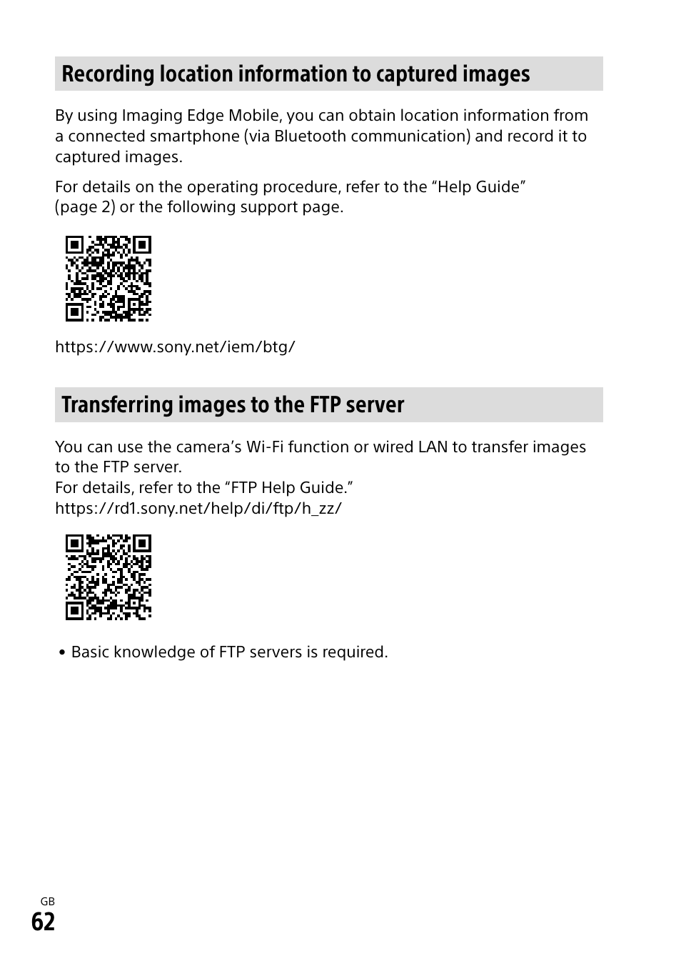 Recording location information to captured images, Transferring images to the ftp server | Sony a7R IIIA Mirrorless Camera User Manual | Page 62 / 104