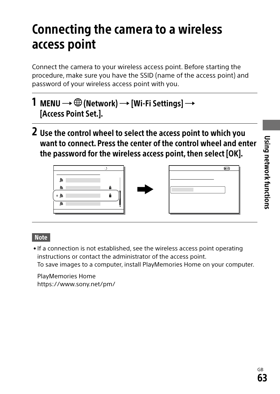 Connecting the camera to a wireless access point | Sony a7R IIIA Mirrorless Camera User Manual | Page 63 / 104