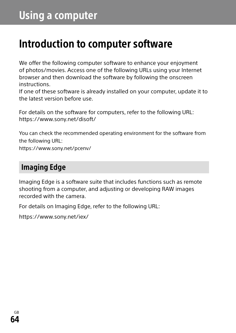 Using a computer, Introduction to computer software, Imaging edge | Using a computer introduction to computer software | Sony a7R IIIA Mirrorless Camera User Manual | Page 64 / 104