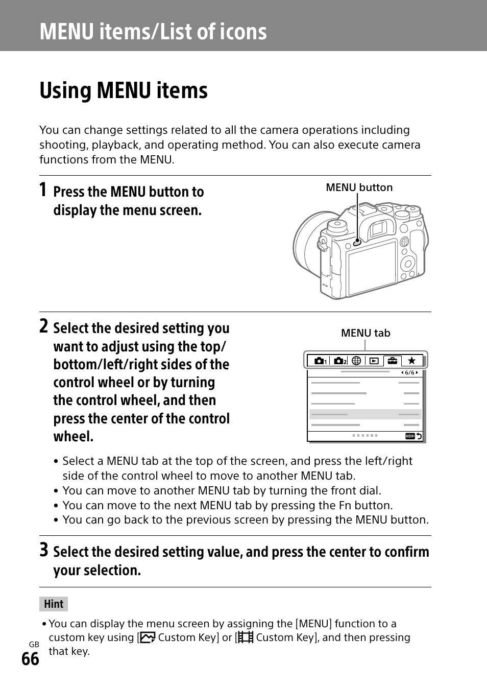 Menu items/list of icons, Using menu items, Menu items/list of icons using menu items | Sony a7R IIIA Mirrorless Camera User Manual | Page 66 / 104