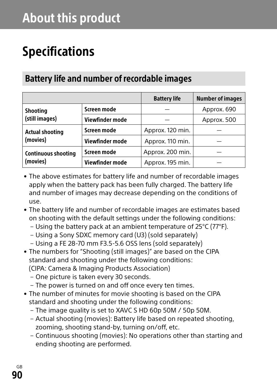 About this product, Specifications, Battery life and number of recordable images | About this product specifications | Sony a7R IIIA Mirrorless Camera User Manual | Page 90 / 104