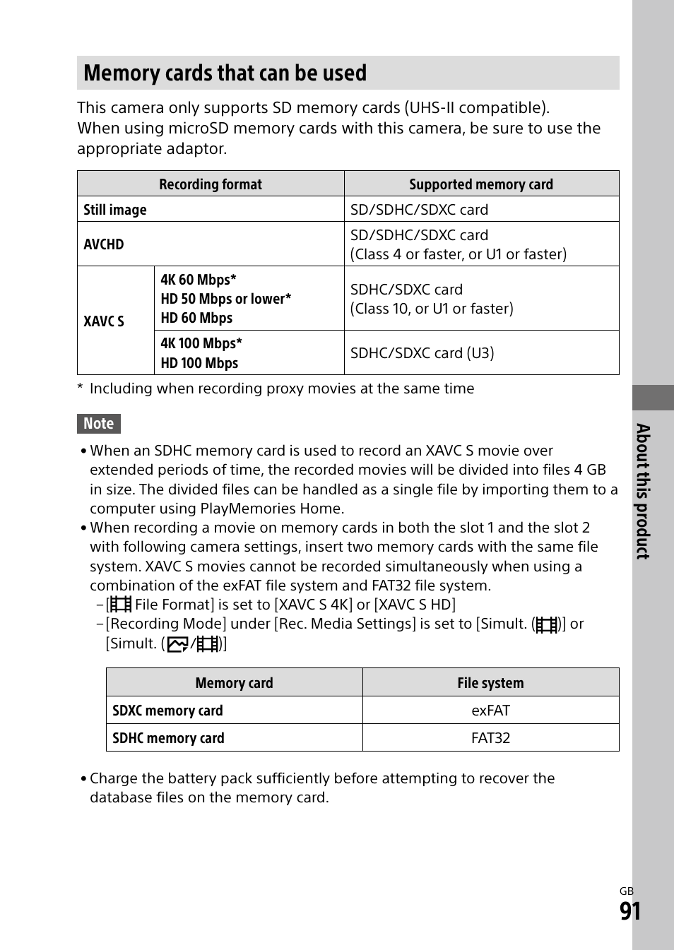 Memory cards that can be used, About this pr oduct | Sony a7R IIIA Mirrorless Camera User Manual | Page 91 / 104