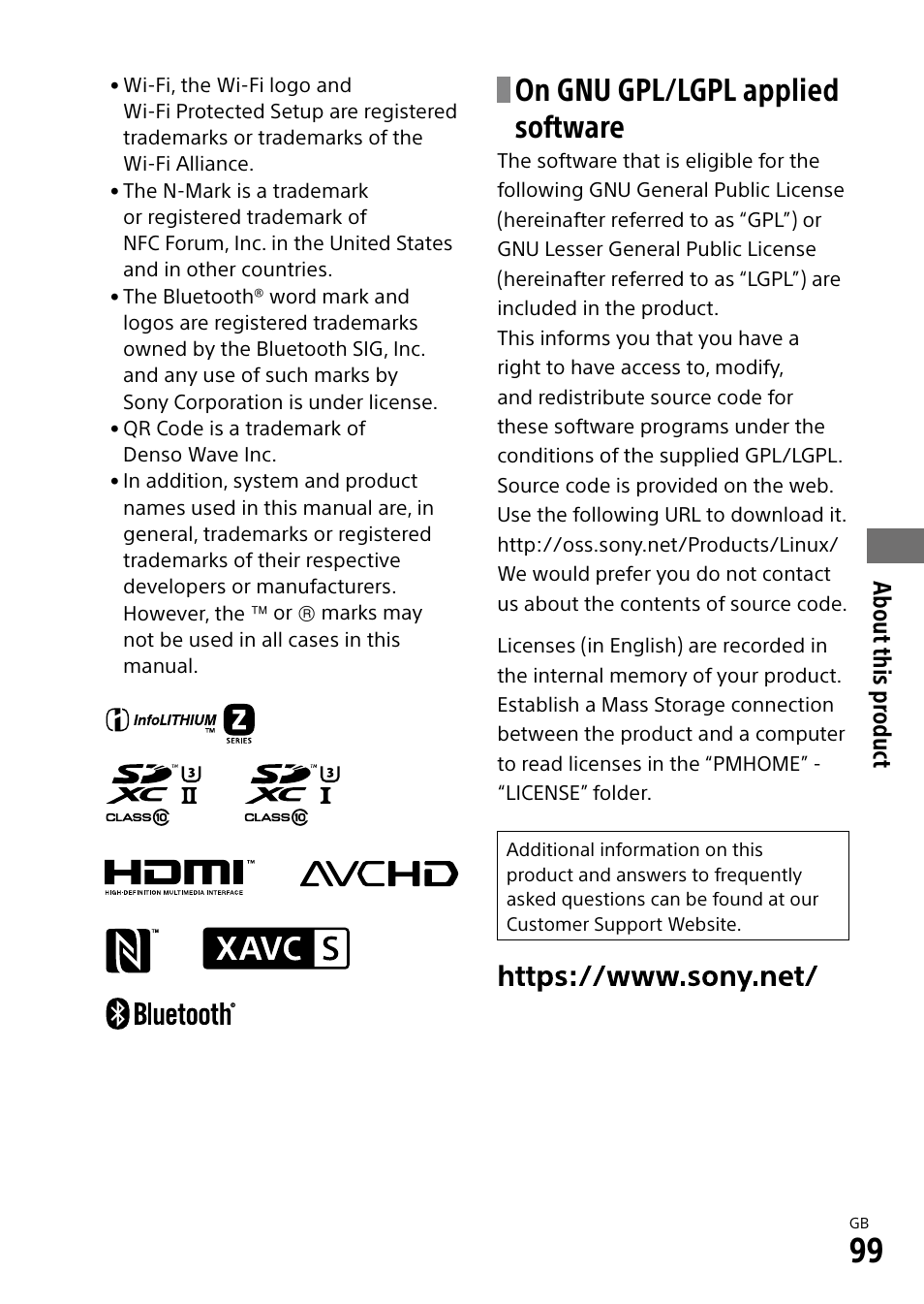 On gnu gpl/lgpl applied software, About this pr oduct | Sony a7R IIIA Mirrorless Camera User Manual | Page 99 / 104