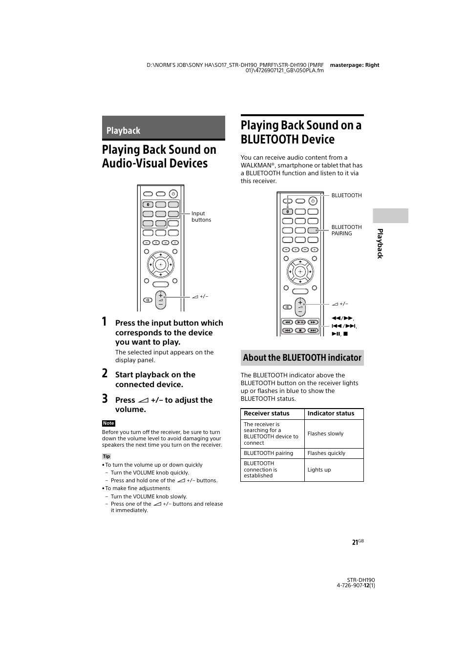Playback, Playing back sound on audio-visual devices, Playing back sound on a bluetooth device | Playing back sound on audio-visual, Devices, Playing back sound on a bluetooth, Device, E 21), Playing back sound on audio-visual devices 1, About the bluetooth indicator | Sony a7 II Mirrorless Camera with 28-70mm Lens User Manual | Page 21 / 44