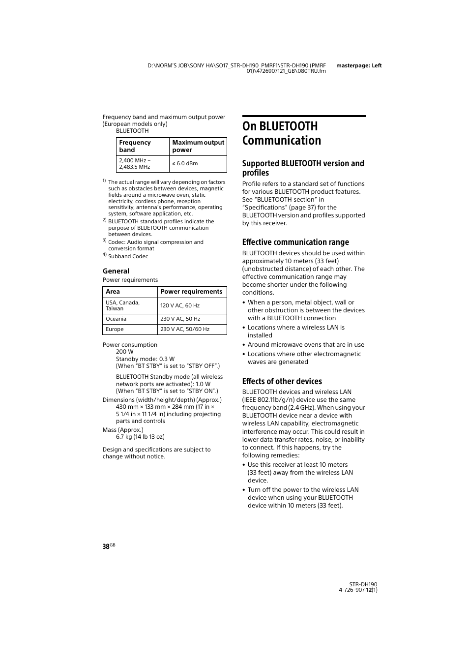 On bluetooth communication, Supported bluetooth version and profiles, Effective communication range | Effects of other devices | Sony a7 II Mirrorless Camera with 28-70mm Lens User Manual | Page 38 / 44
