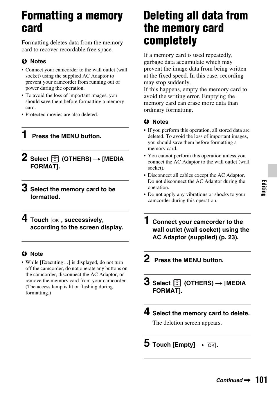 Formatting a memory card, Deleting all data from the memory card completely, D (p. 101) | Sony a6400 Mirrorless Camera User Manual | Page 101 / 176